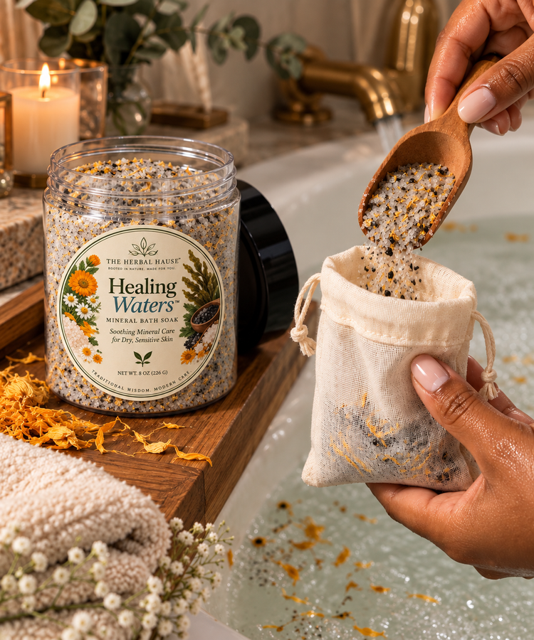 A jar of Herbal Bliss Healing Waters Special Bath Salt is shown next to a person&